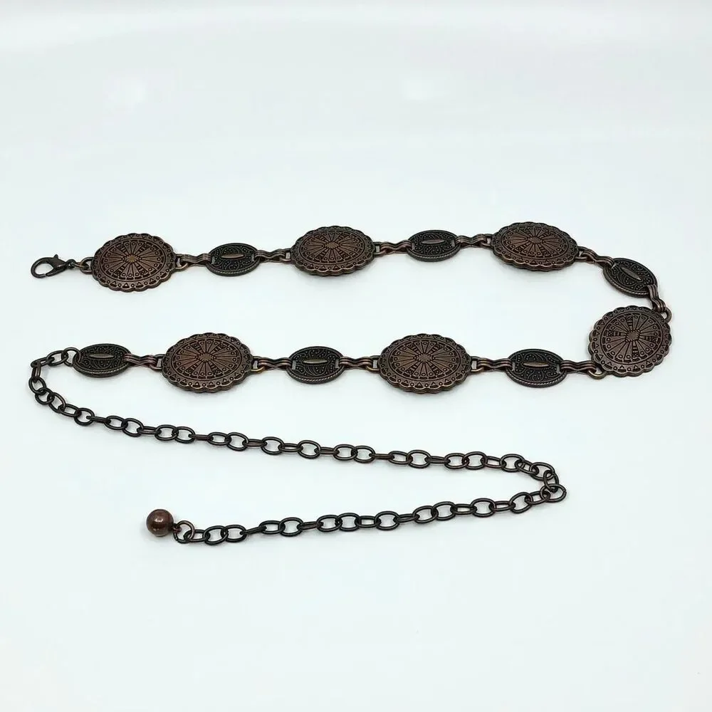 Y2K Boho Antique Bronze Medallion Chain Belt, Fits 22–37.5 Inches, X7GA1174